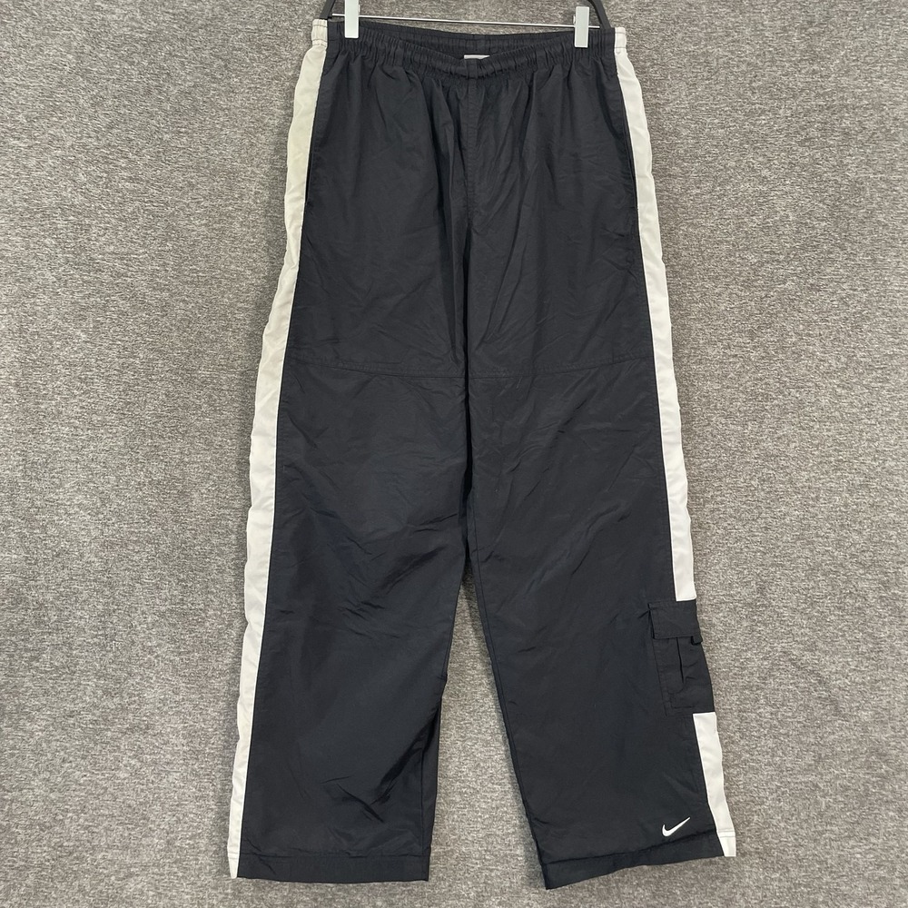Vintage Nike Track Pants Men's M Black Side Stripe Lined Wide Leg Y2K Baggy